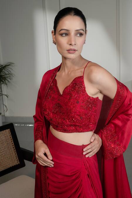 Saniya Sharma_Red Net, Satin, Crepe Sequins Placement Crystal Embellished Jacket Skirt Set _at_Aza_Fashions