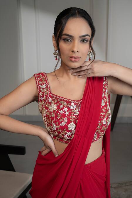 Buy_Saniya Sharma_Red Georgette, Net Embroidery, Pre-draped Saree With Floral Embellished Blouse _Online_at_Aza_Fashions