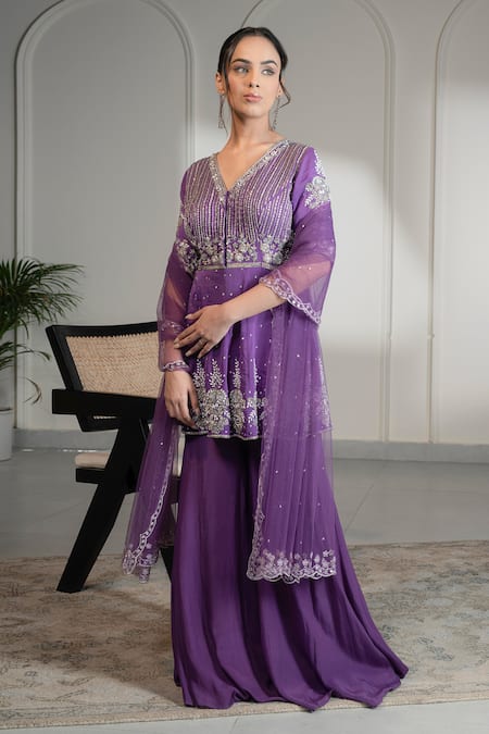 Shop_Saniya Sharma_Purple Organza, Chiffon, Net Sequins, Swarovski Embellished Kurta Sharara Set _Online_at_Aza_Fashions