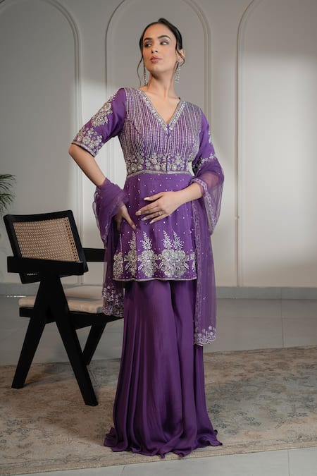 Saniya Sharma_Purple Organza, Chiffon, Net Sequins, Swarovski Embellished Kurta Sharara Set _at_Aza_Fashions