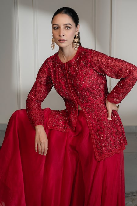 Buy_Saniya Sharma_Red Organza Sequins, Cut Work Round Tonal Cutdana Embellished Tunic With Sharara _Online_at_Aza_Fashions