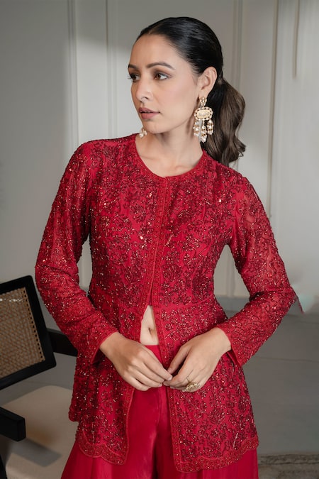 Shop_Saniya Sharma_Red Organza Sequins, Cut Work Round Tonal Cutdana Embellished Tunic With Sharara _Online_at_Aza_Fashions