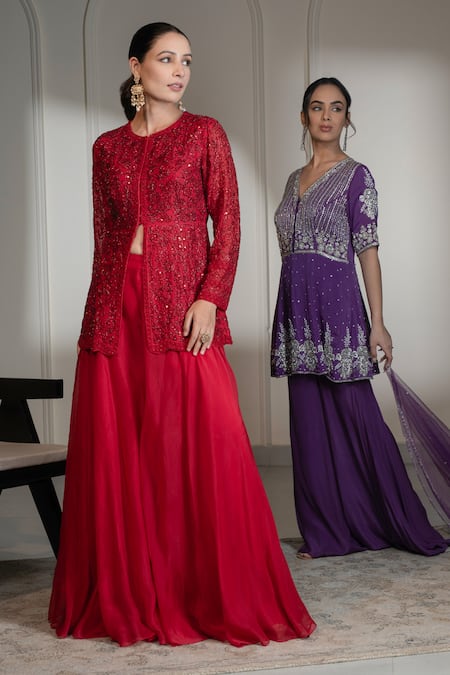 Saniya Sharma_Red Organza Sequins, Cut Work Round Tonal Cutdana Embellished Tunic With Sharara _at_Aza_Fashions