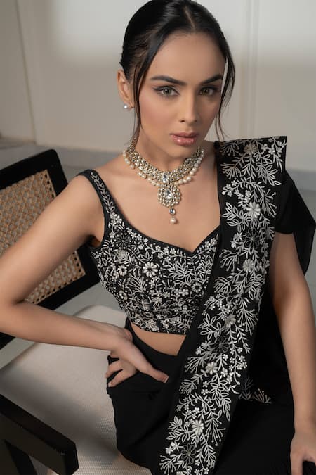 Buy_Saniya Sharma_Black Silk, Georgette Embroidery Pre-draped Saree With Resham Embellished Blouse _Online_at_Aza_Fashions