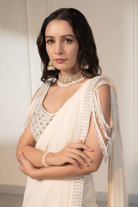 Buy_Saniya Sharma_Ivory Net, Georgette Mirrors, Sequins, Pre-draped Saree With Embellished Blouse _Online_at_Aza_Fashions