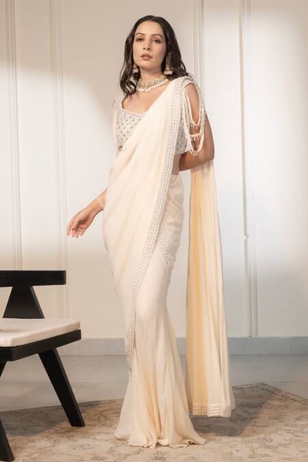 Shop_Saniya Sharma_Ivory Net, Georgette Mirrors, Sequins, Pre-draped Saree With Embellished Blouse _Online_at_Aza_Fashions