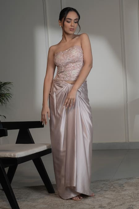 Saniya Sharma Pink Corset Organza Embellished Sequins Tonal Crystal With Draped Skirt