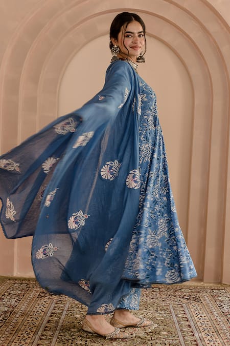 Gulabo Jaipur_Blue Cotton, Denim Embroidery Shaila Floral Block Print Anarkali Pyjama Set _Online_at_Aza_Fashions