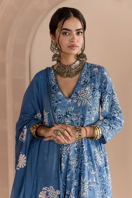 Buy_Gulabo Jaipur_Blue Cotton, Denim Embroidery Shaila Floral Block Print Anarkali Pyjama Set _Online_at_Aza_Fashions