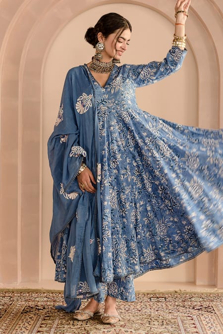 Shop_Gulabo Jaipur_Blue Cotton, Denim Embroidery Shaila Floral Block Print Anarkali Pyjama Set _Online_at_Aza_Fashions
