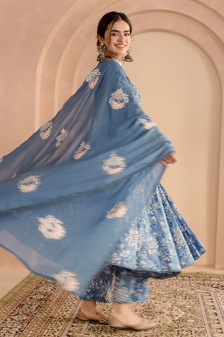 Gulabo Jaipur_Blue Cotton, Denim Embroidery Shaila Floral Block Print Anarkali Pyjama Set _at_Aza_Fashions