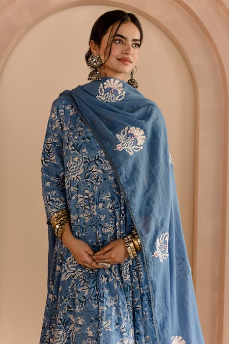 Buy_Gulabo Jaipur_Blue Cotton, Denim Embroidery Shaila Floral Block Print Anarkali Pyjama Set 
