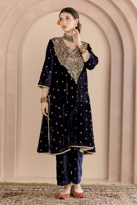 Gulabo Jaipur_Blue Velvet Embroidery V-neck Chitra Kurta And Pant Set_Online_at_Aza_Fashions