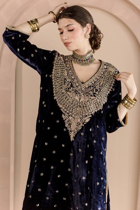 Shop_Gulabo Jaipur_Blue Velvet Embroidery V-neck Chitra Kurta And Pant Set_Online_at_Aza_Fashions