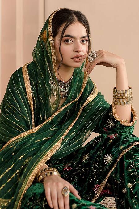 Shop_Gulabo Jaipur_Green Velvet, Organza Embroidery Collared Chaya Kurta Pant Set_Online_at_Aza_Fashions