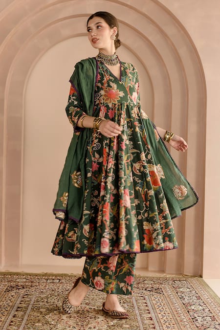 Gulabo Jaipur_Green Cotton Embroidery V-neck Shaila Block Print Anarkali Pyjama Set _Online_at_Aza_Fashions
