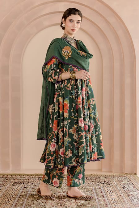 Shop_Gulabo Jaipur_Green Cotton Embroidery V-neck Shaila Block Print Anarkali Pyjama Set _Online_at_Aza_Fashions