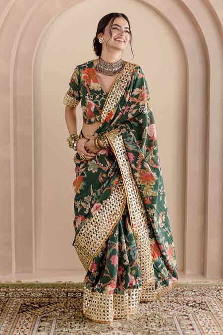 Buy_Gulabo Jaipur_Green Cotton Embroidery V-neck Gulbaagh Floral Print Saree Set _Online_at_Aza_Fashions