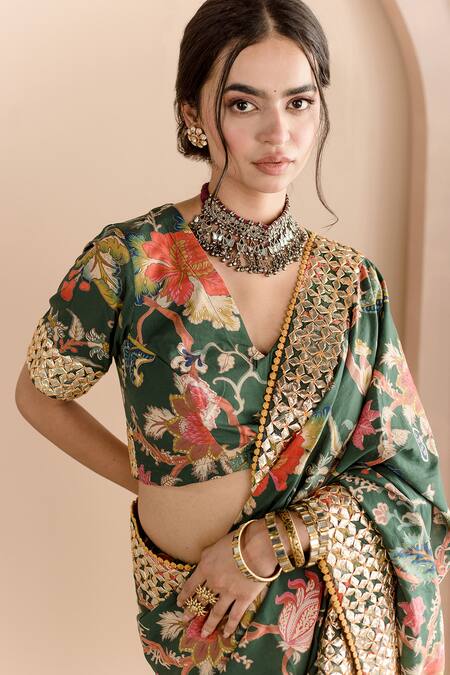 Shop_Gulabo Jaipur_Green Cotton Embroidery V-neck Gulbaagh Floral Print Saree Set _Online_at_Aza_Fashions