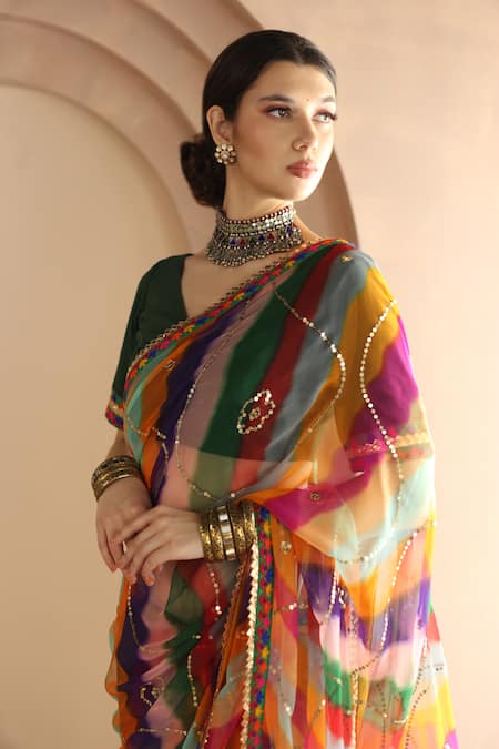Gulabo Jaipur_Multi Color Georgette Sequins, Gulnar Leheriya Print Saree With Blouse _Online_at_Aza_Fashions