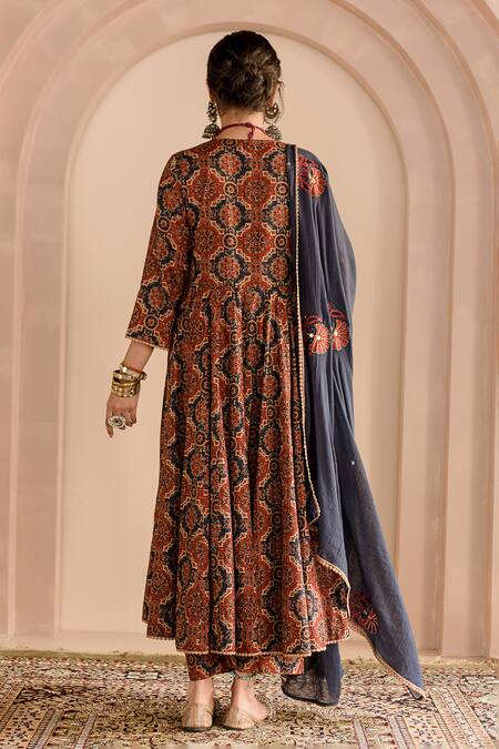 Shop_Gulabo Jaipur_Blue Cotton, Denim Embroidery V-neck Shaila Printed Anarkali Pyjama Set_at_Aza_Fashions