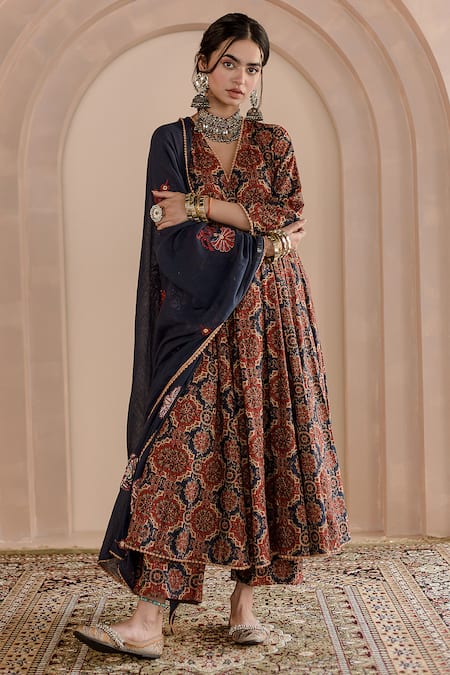 Gulabo Jaipur_Blue Cotton, Denim Embroidery V-neck Shaila Printed Anarkali Pyjama Set_Online_at_Aza_Fashions