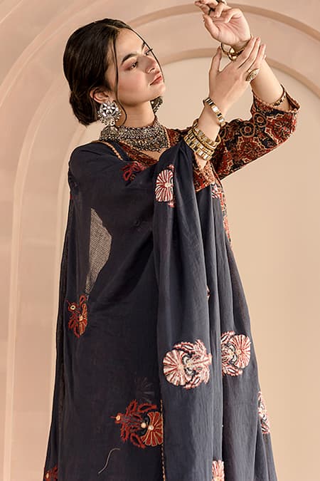 Shop_Gulabo Jaipur_Blue Cotton, Denim Embroidery V-neck Shaila Printed Anarkali Pyjama Set_Online_at_Aza_Fashions