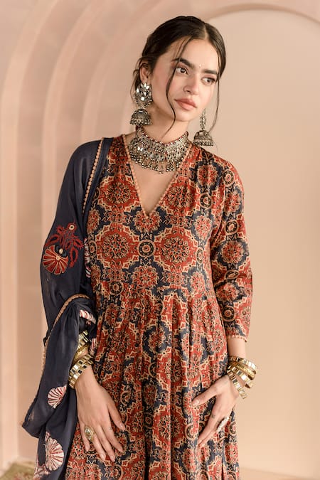 Gulabo Jaipur_Blue Cotton, Denim Embroidery V-neck Shaila Printed Anarkali Pyjama Set_at_Aza_Fashions