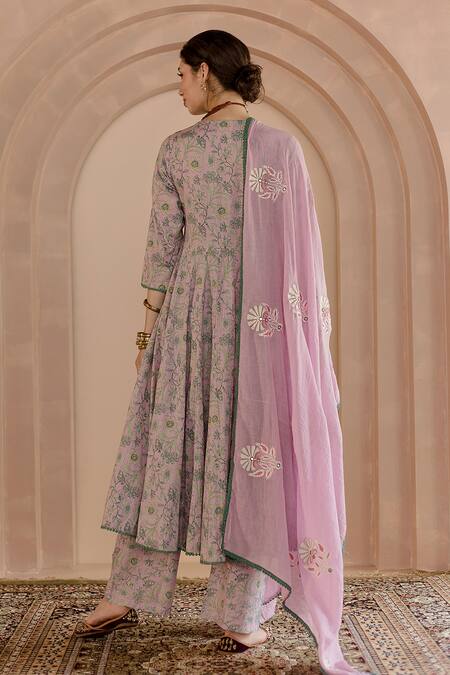Shop_Gulabo Jaipur_Pink Cotton, Denim Embroidery V-neck Shaila Floral Print Anarkali Pyjama Set_at_Aza_Fashions