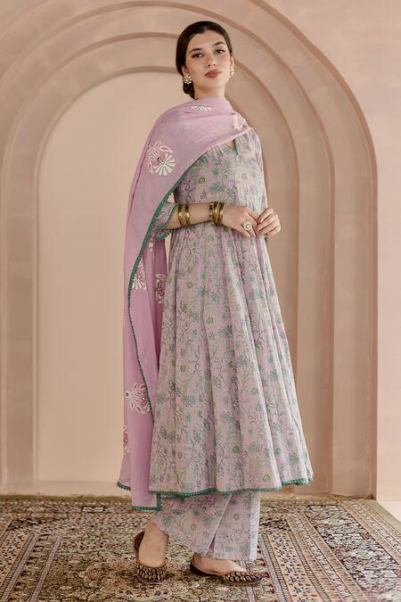 Gulabo Jaipur_Pink Cotton, Denim Embroidery V-neck Shaila Floral Print Anarkali Pyjama Set_Online_at_Aza_Fashions