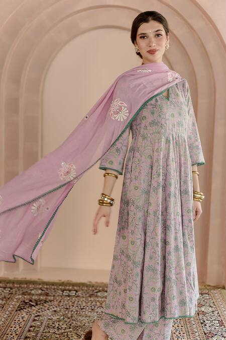Buy_Gulabo Jaipur_Pink Cotton, Denim Embroidery V-neck Shaila Floral Print Anarkali Pyjama Set_Online_at_Aza_Fashions