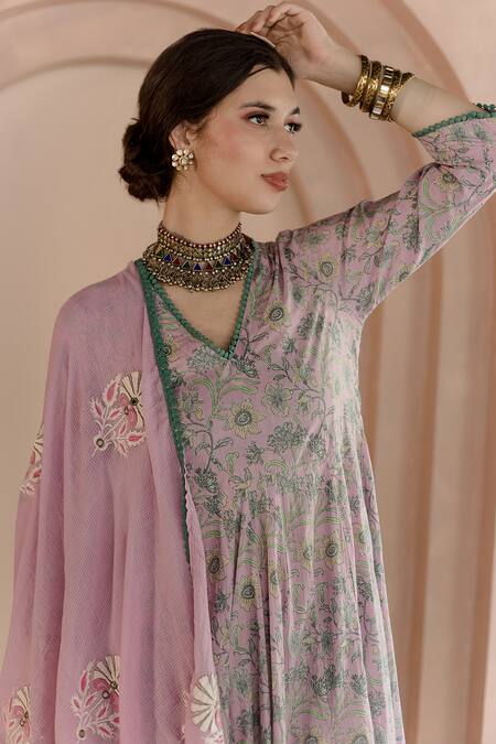 Shop_Gulabo Jaipur_Pink Cotton, Denim Embroidery V-neck Shaila Floral Print Anarkali Pyjama Set_Online_at_Aza_Fashions