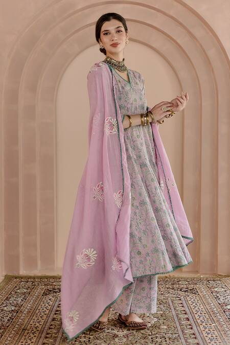 Gulabo Jaipur_Pink Cotton, Denim Embroidery V-neck Shaila Floral Print Anarkali Pyjama Set_at_Aza_Fashions
