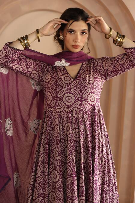 Shop_Gulabo Jaipur_Purple Cotton Embroidery V-neck Shaila Floral Print Anarkali Set _Online_at_Aza_Fashions