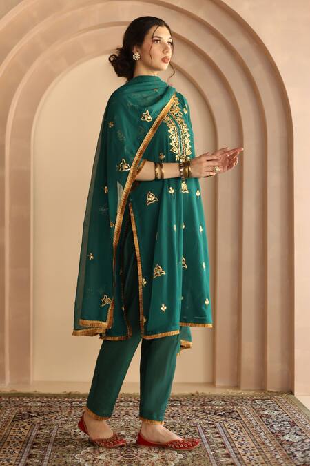 Gulabo Jaipur_Green Georgette Gota Patti Round Neck Shama Embroidered Straight Kurta Pant Set_Online_at_Aza_Fashions