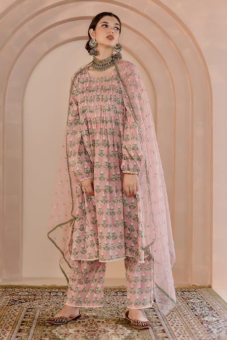 Gulabo Jaipur_Peach Cotton, Organza Embroidery Round Neck Shriya Block Print Kurta Pant Set _Online_at_Aza_Fashions