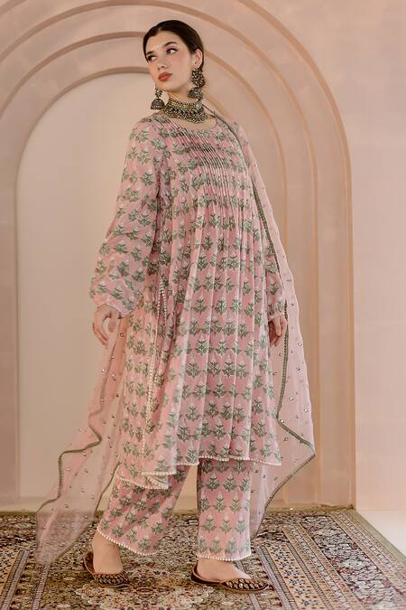 Shop_Gulabo Jaipur_Peach Cotton, Organza Embroidery Round Neck Shriya Block Print Kurta Pant Set _Online_at_Aza_Fashions