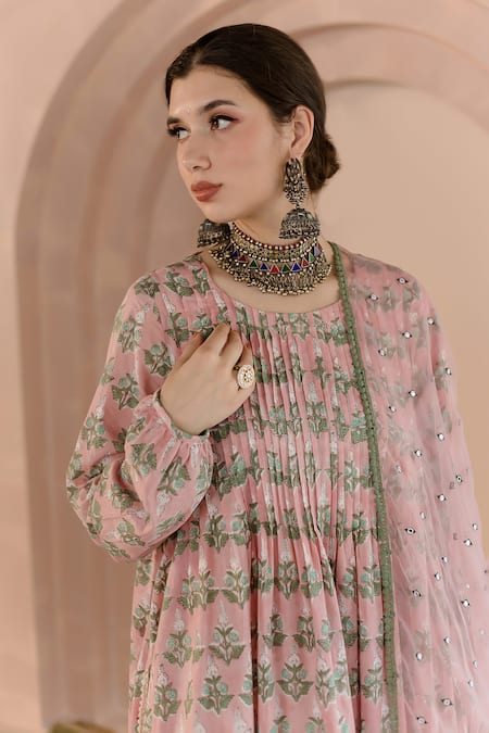 Gulabo Jaipur_Peach Cotton, Organza Embroidery Round Neck Shriya Block Print Kurta Pant Set _at_Aza_Fashions