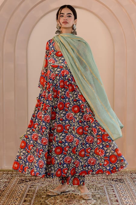 Gulabo Jaipur Blue Cotton Printed Floral Round Shubha Anarkali Pant Set
