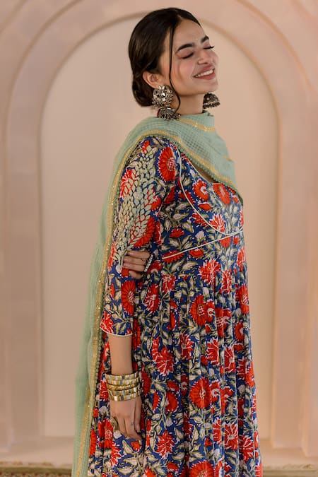 Gulabo Jaipur_Blue Cotton, Denim Embroidery Round Neck Shubha Floral Print Anarkali Pant Set _Online_at_Aza_Fashions