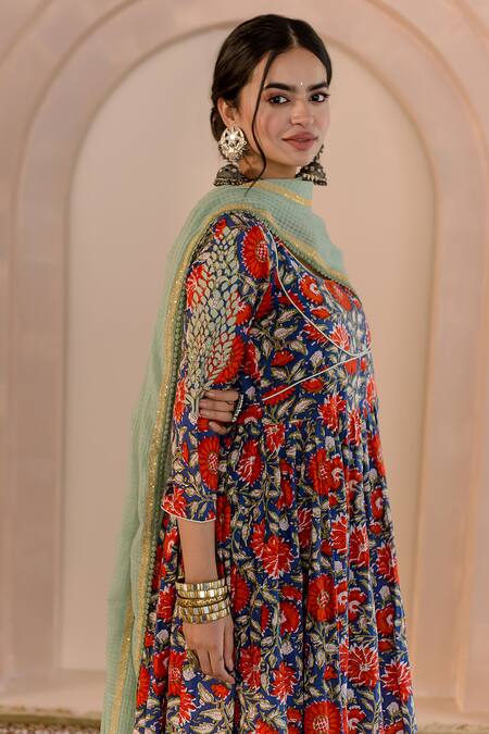 Buy_Gulabo Jaipur_Blue Cotton, Denim Embroidery Round Neck Shubha Floral Print Anarkali Pant Set _Online_at_Aza_Fashions