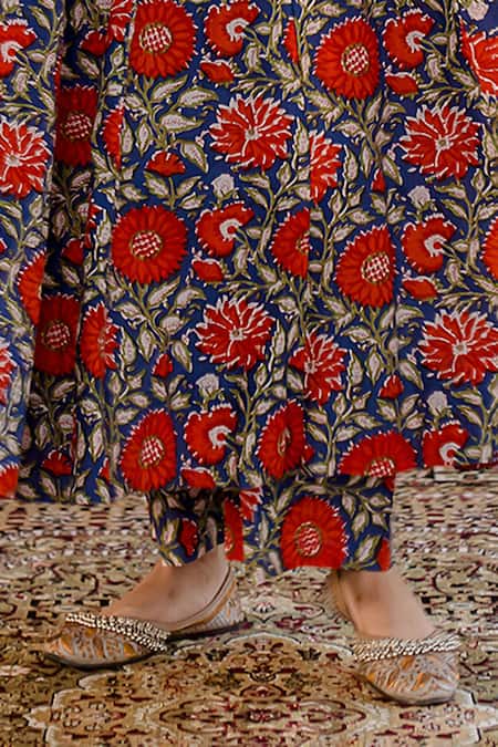 Shop_Gulabo Jaipur_Blue Cotton, Denim Embroidery Round Neck Shubha Floral Print Anarkali Pant Set _Online_at_Aza_Fashions