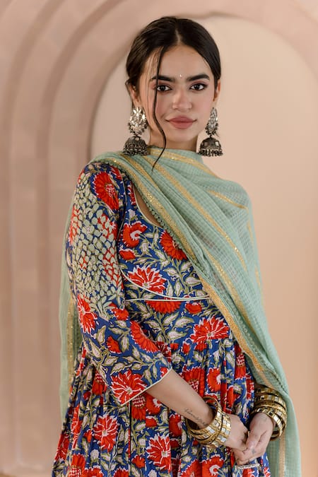 Gulabo Jaipur_Blue Cotton, Denim Embroidery Round Neck Shubha Floral Print Anarkali Pant Set _at_Aza_Fashions