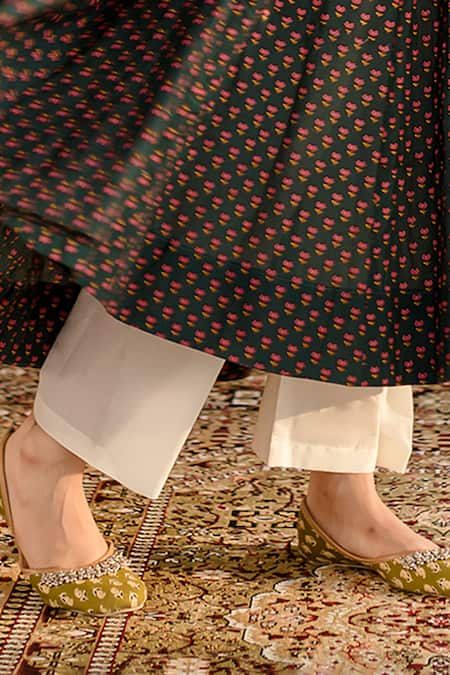 Gulabo Jaipur_Emerald Green Cotton, Denim Embroidery Round Shubha Floral Print Anarkali Set _Online_at_Aza_Fashions