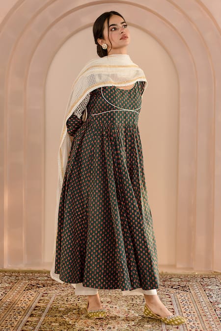 Buy_Gulabo Jaipur_Emerald Green Cotton, Denim Embroidery Round Shubha Floral Print Anarkali Set _Online_at_Aza_Fashions