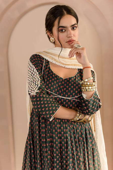 Shop_Gulabo Jaipur_Emerald Green Cotton, Denim Embroidery Round Shubha Floral Print Anarkali Set _Online_at_Aza_Fashions
