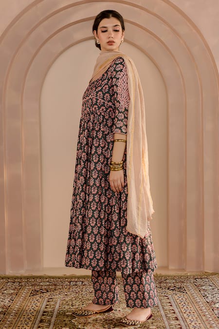 Buy Gulabo Jaipur Green Cotton, Denim Embroidery Round Shubha Floral Pattern Anarkali Pant Set Online at Aza Fashions Buy_Gulabo Jaipur_Green Cotton, Denim Embroidery Round Shubha Floral Pattern Anarkali Pant Set _Online_at_Aza_Fashions