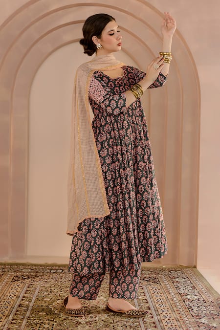 Shop Gulabo Jaipur Green Cotton, Denim Embroidery Round Shubha Floral Pattern Anarkali Pant Set Online at Aza Fashions Shop_Gulabo Jaipur_Green Cotton, Denim Embroidery Round Shubha Floral Pattern Anarkali Pant Set _Online_at_Aza_Fashions