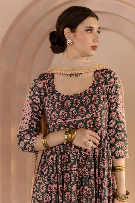 Gulabo Jaipur Green Cotton, Denim Embroidery Round Shubha Floral Pattern Anarkali Pant Set at Aza Fashions Gulabo Jaipur_Green Cotton, Denim Embroidery Round Shubha Floral Pattern Anarkali Pant Set _at_Aza_Fashions