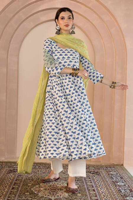 Gulabo Jaipur_White Cotton, Denim Embroidery Round Neck Shubha Printed Anarkali Pant Set _Online_at_Aza_Fashions